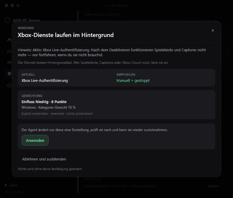 GOH Agent Detailansicht für Xbox-Dienste mit Warnhinweis